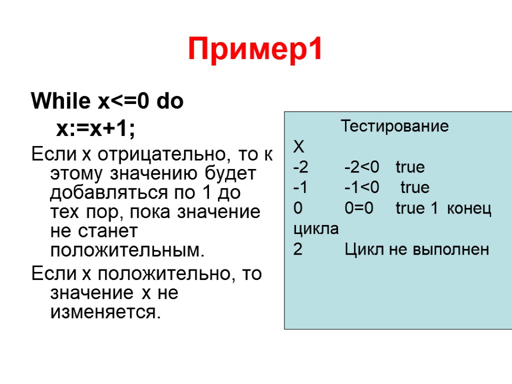 Пример1 While x<=0 do x:=x+1; Если x отрицательно, то к этому значению будет добавляться